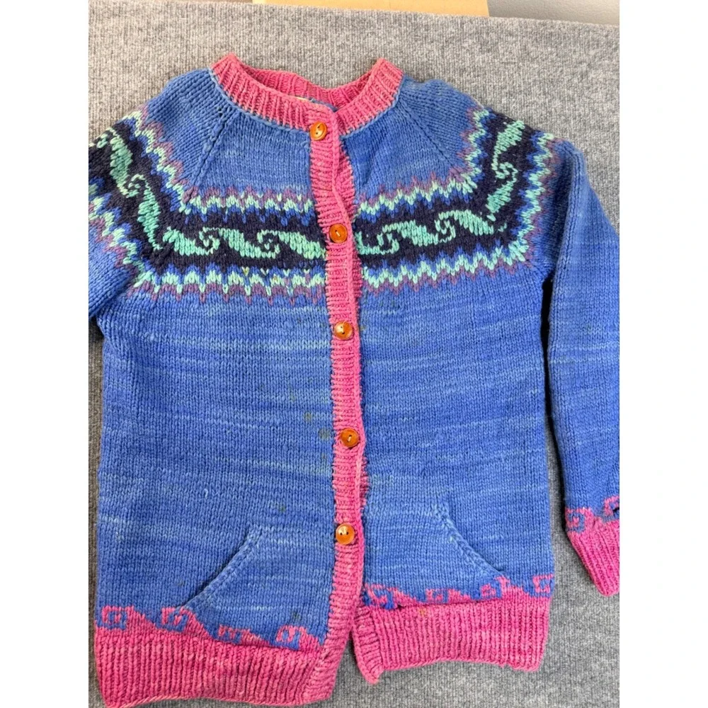 Vintage Hand Knit Wool Cardigan Sweater Blue Pink Fair Isle Heavyweight Boho M